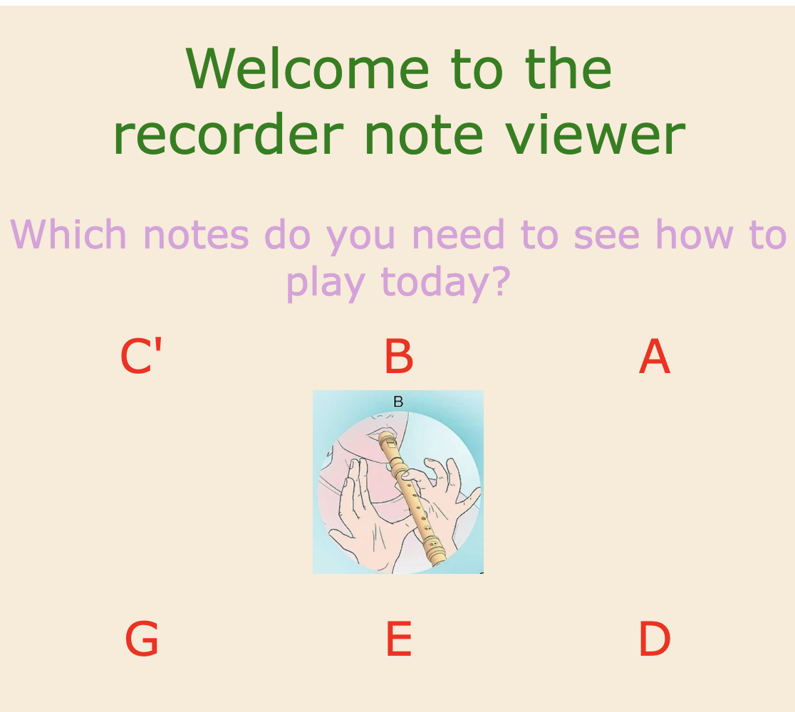 this is a screenshot of the webpage recorder notes viewer to help students remember the finger positions for notes on the recorder